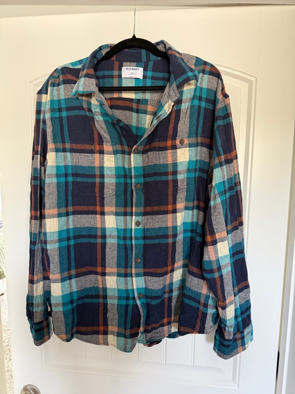 Old Navy Navy Teal Rust Plaid Flannel Shirt